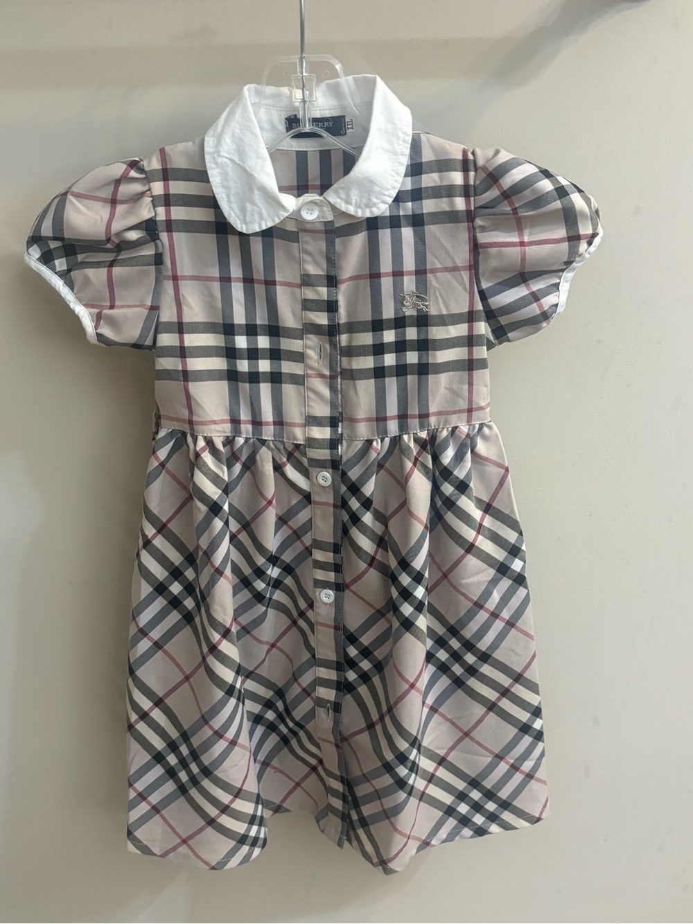 Burberry-Beige Plaid Kids Dress with White Collar